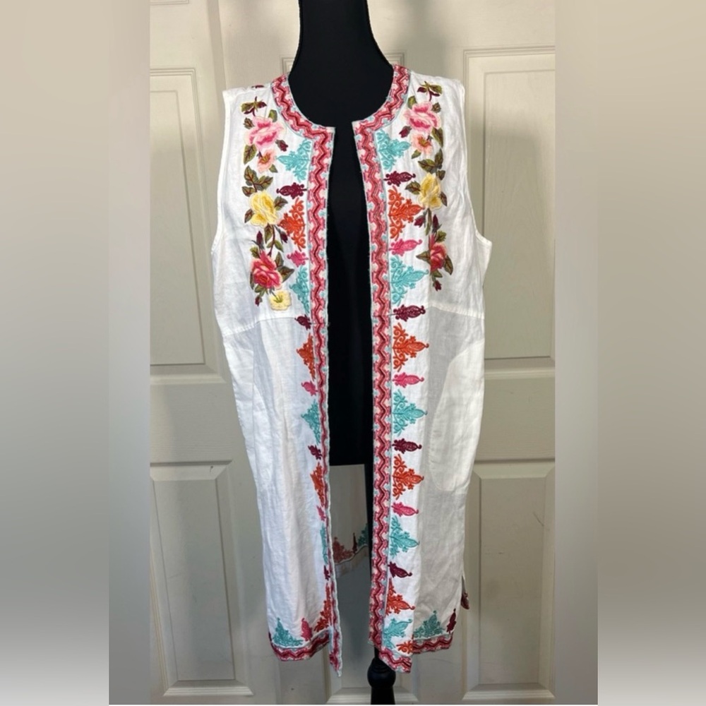 Johnny Was Linen Embroidered Duster Vest Floral Boho Festival Kimono Cardigan - Picture 2 of 8
